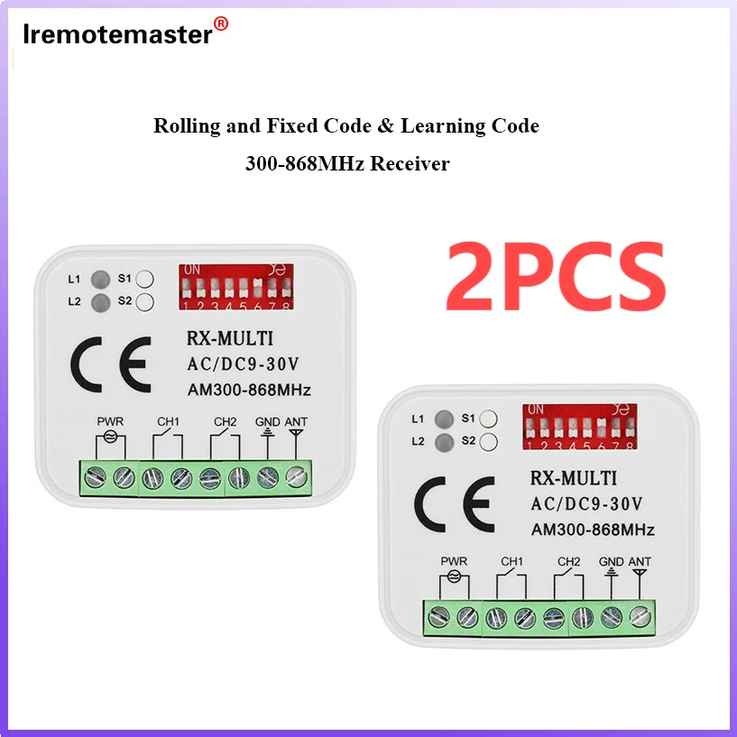 

2PCS Remote Control Switch Receiver 300-868MHz RX MULTI Receiver Universal AC/DC 9-30V for Garage Door Control Garage Command