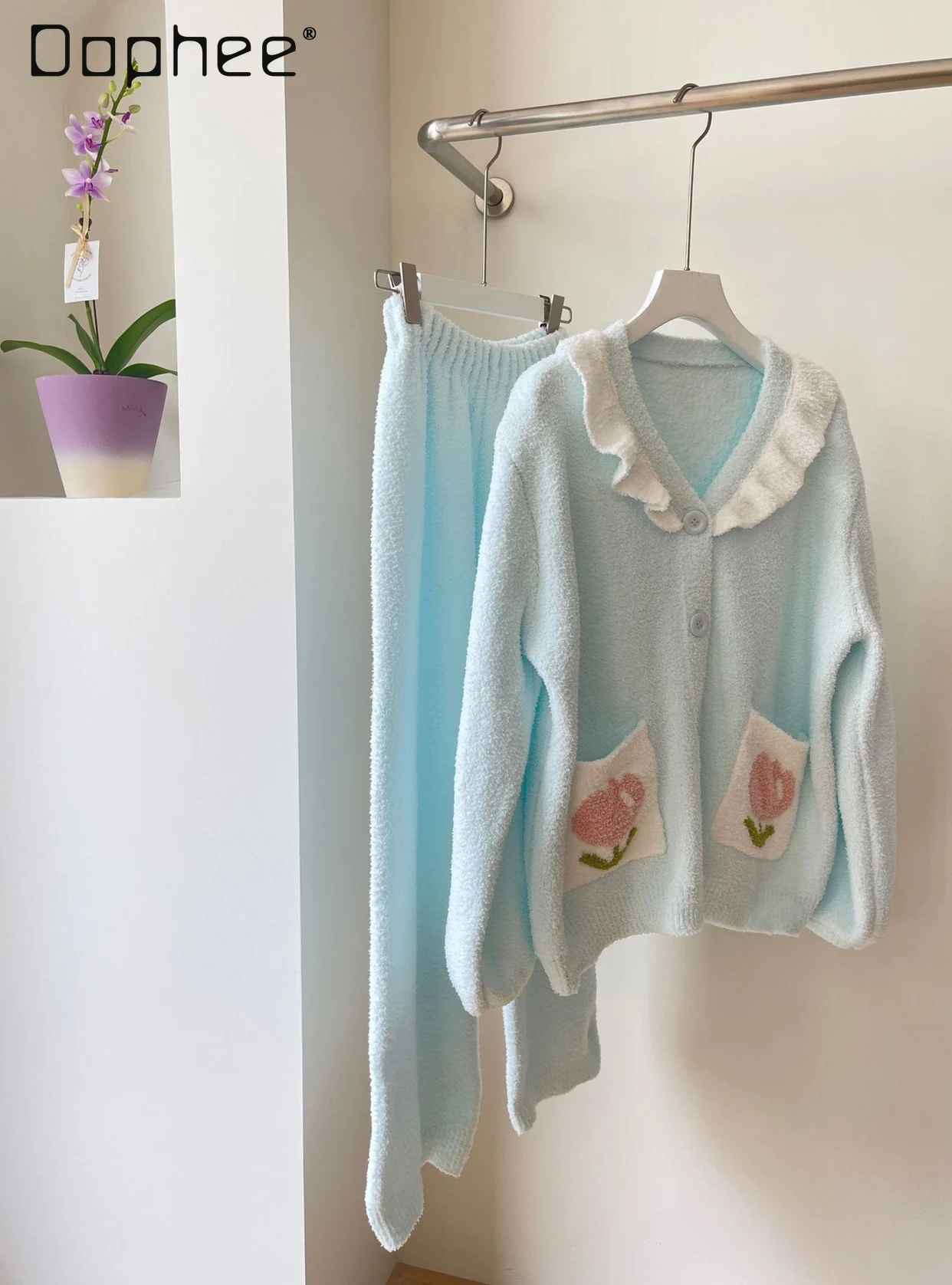 Süße Tulpe Pyjama Sets Herbst und Winter Frauen V-ausschnitt einreiher Rüschen Strickjacke Zwei Stück Sets Mädchen Loungewear