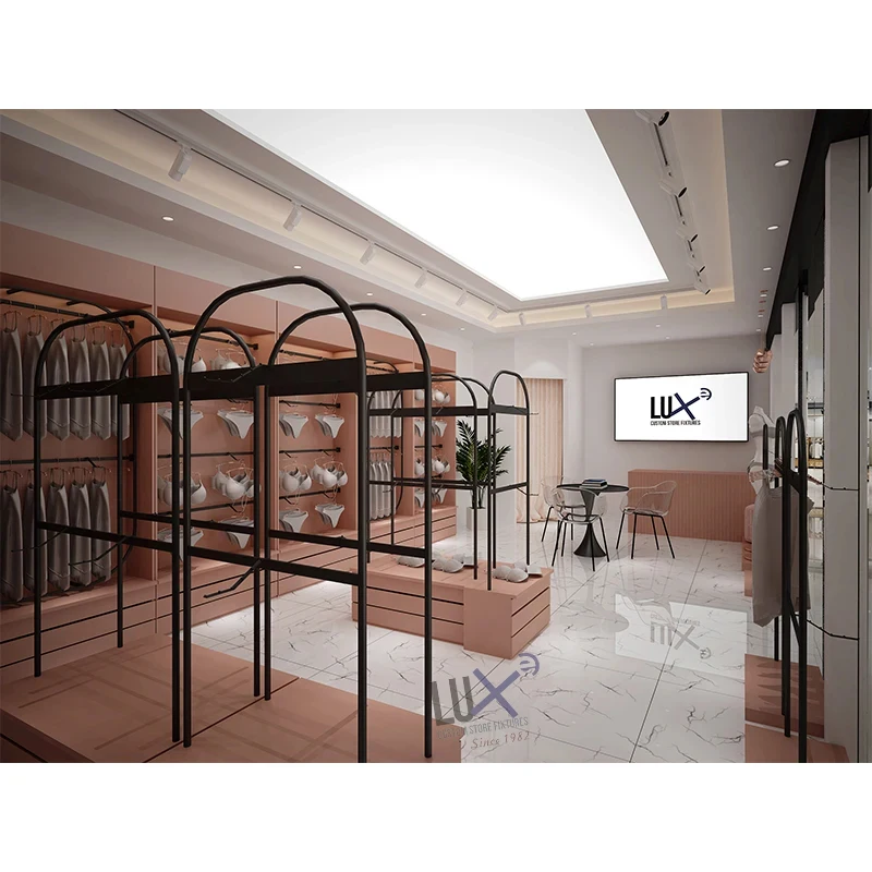custom.Customized Black Coated Metal Wall Display Cabinet Lady Lingerie Shop Fitting Grade E1 MDF LED Light Showcases L