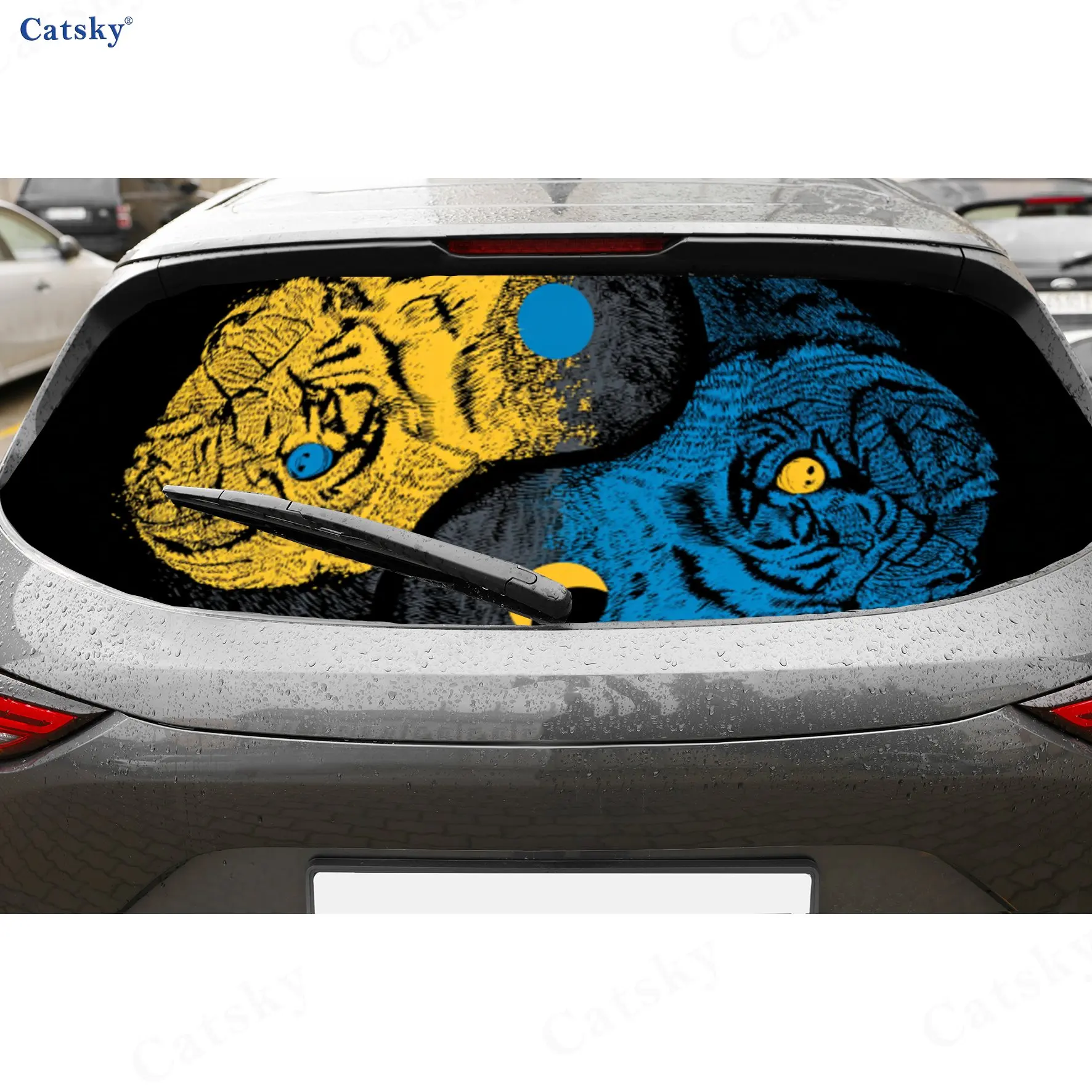 Tai Chi Tiger Retro Balance Pattern PVC Perforated Car Vinyl Wraps, Durable Car Rear Windshield Sticker, Waterproof Car Rear Win