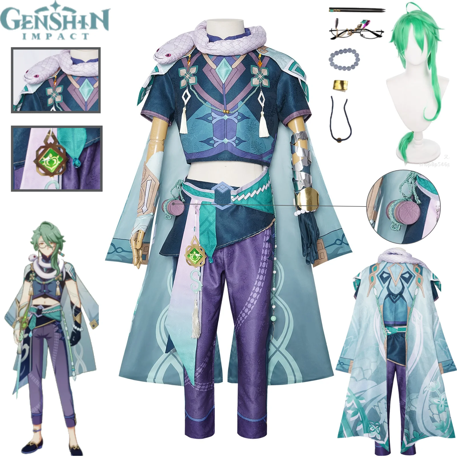 

Genshin Impact Baizhu Cosplay Costume Bubu Pharmacy Vision Outfit Wig Full Accessories Anime Game Performance Cosplay for Men