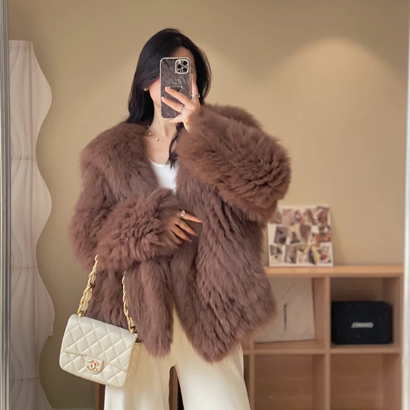 Real Fur Coat Women Luxury 2023 Winter Navy Collar Encryption Double Woven Warm Blue/Pink/Brown Fox Fur Jacket Doudoune Femme