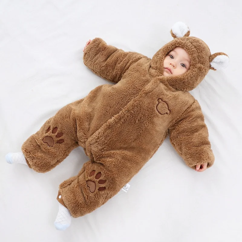 Baby Flannel Romper Infant Winter Warm Thick Hooded Jumpsuits Newborn Kids Daily Outdoor Comfortable Windproof Thermal Overalls