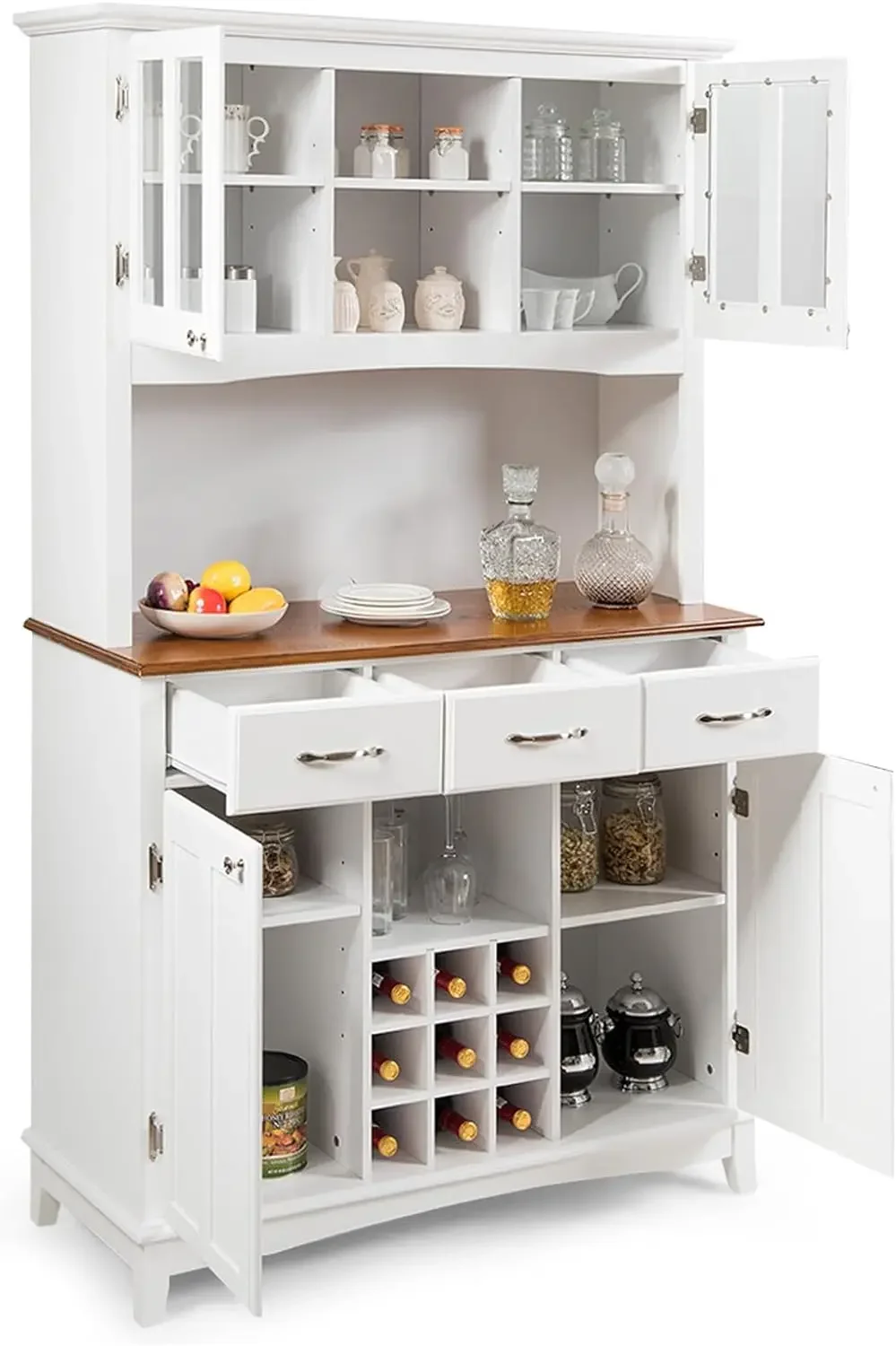 

72.5” Buffet with Hutch, Freestanding Pantry Storage Cabinet with Drawers, Adjustable Shelves, Wine Grids, Microwave Countertop