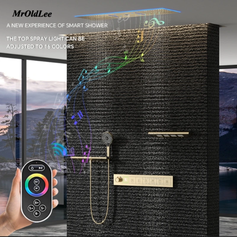 Luxury Ceiling Shower Head System Set Concealed Thermostatic Brass Digital Display Rainfall Shower Set Gold In The Bathroom
