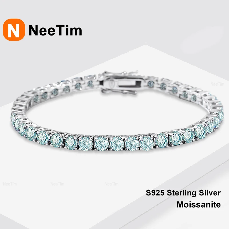 NeeTim Full Green Moissanite Tennis Bracelet S925 Sterling Silver Women Sparkling Wedding Party Hand Chain for Womwen Men