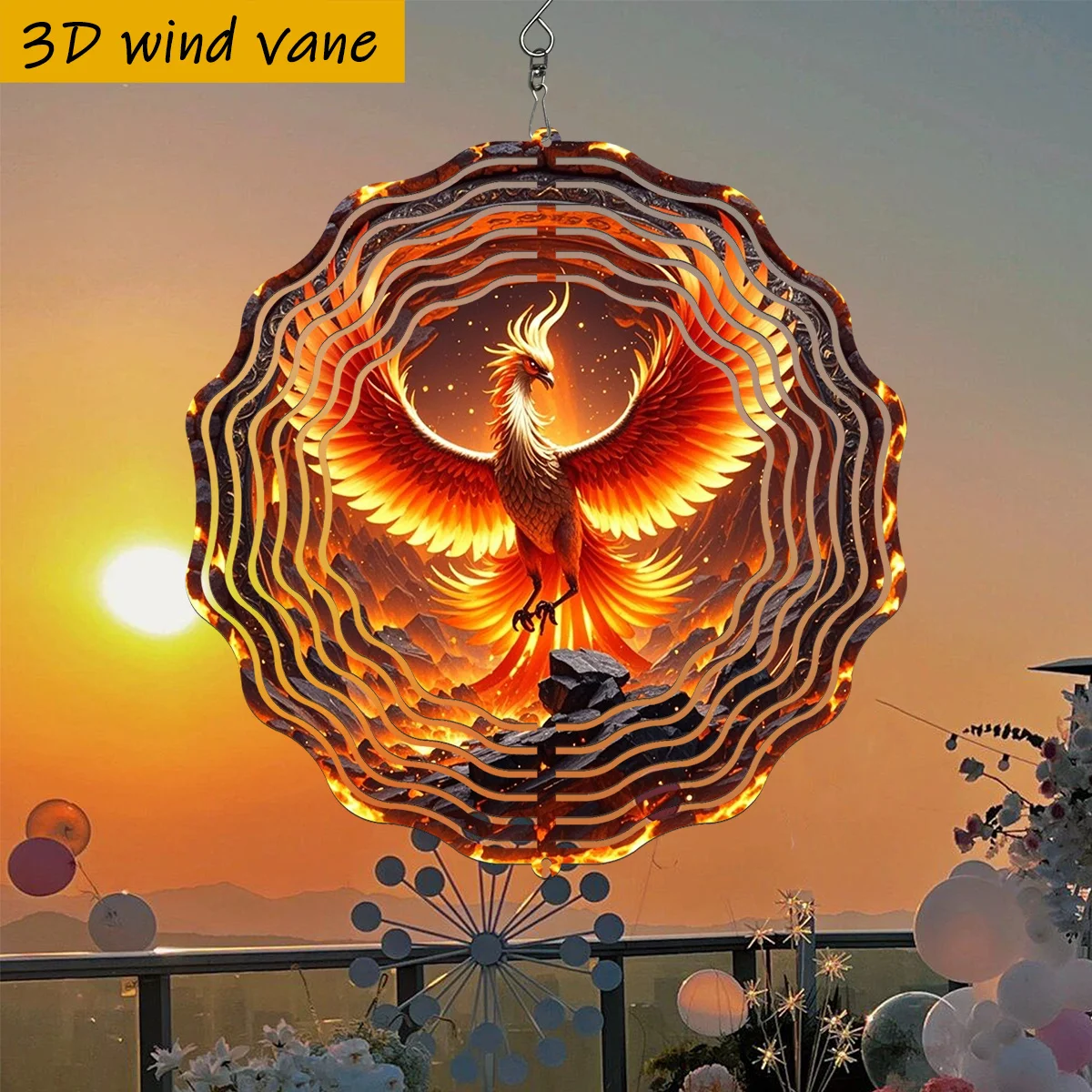 CIFbuy 3D Wind Spinner Metal Wind Chime 360° Rotating Hook Garden Patio Outdoor Decor Phnix Reborn Shiny Kaleidoscope Pattern