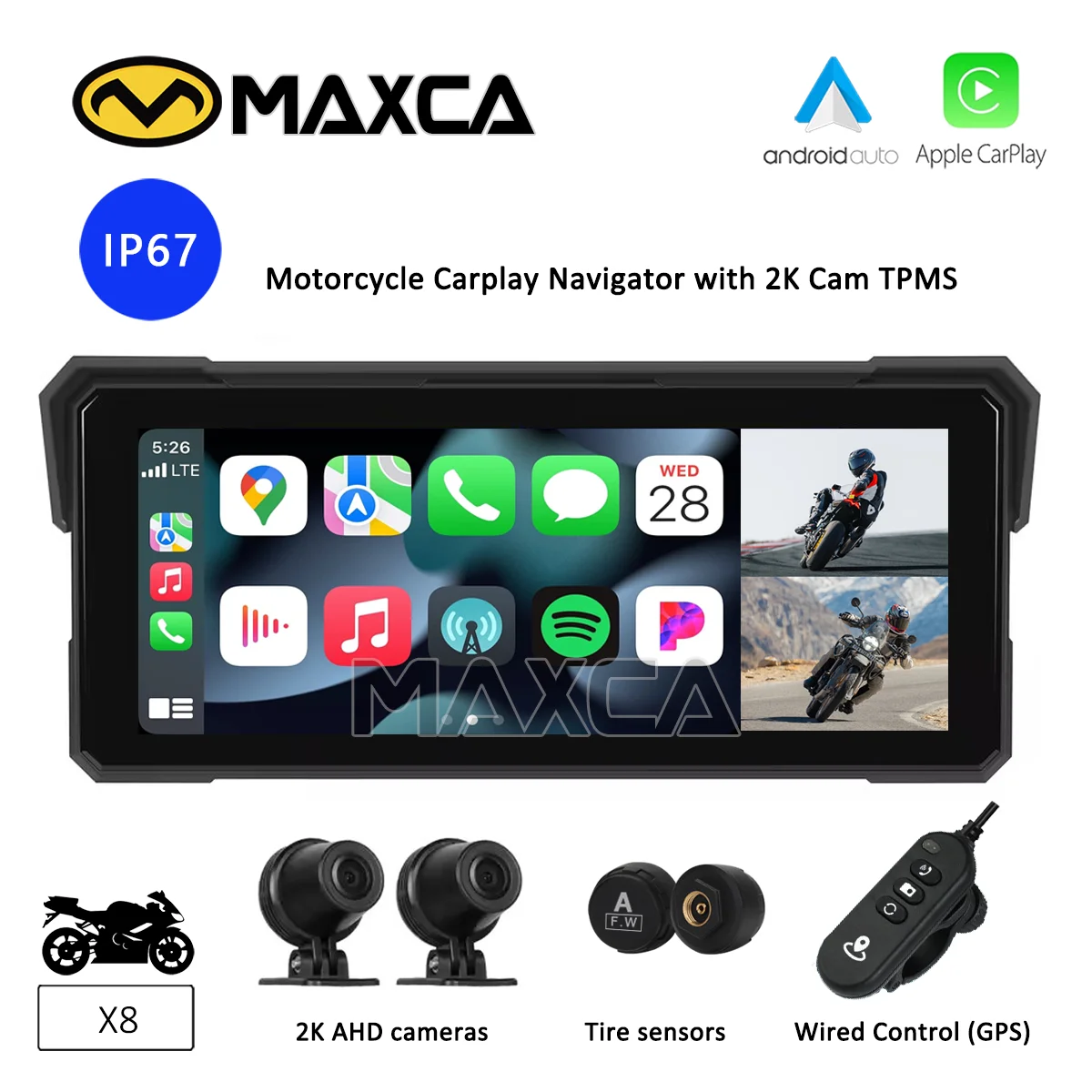 

X8 8,1-дюймовый беспроводной Android Auto Apple Carplay мотоциклетный навигатор IP67 водонепроницаемый с двойной камерой DVR проводный контроллер TPMS