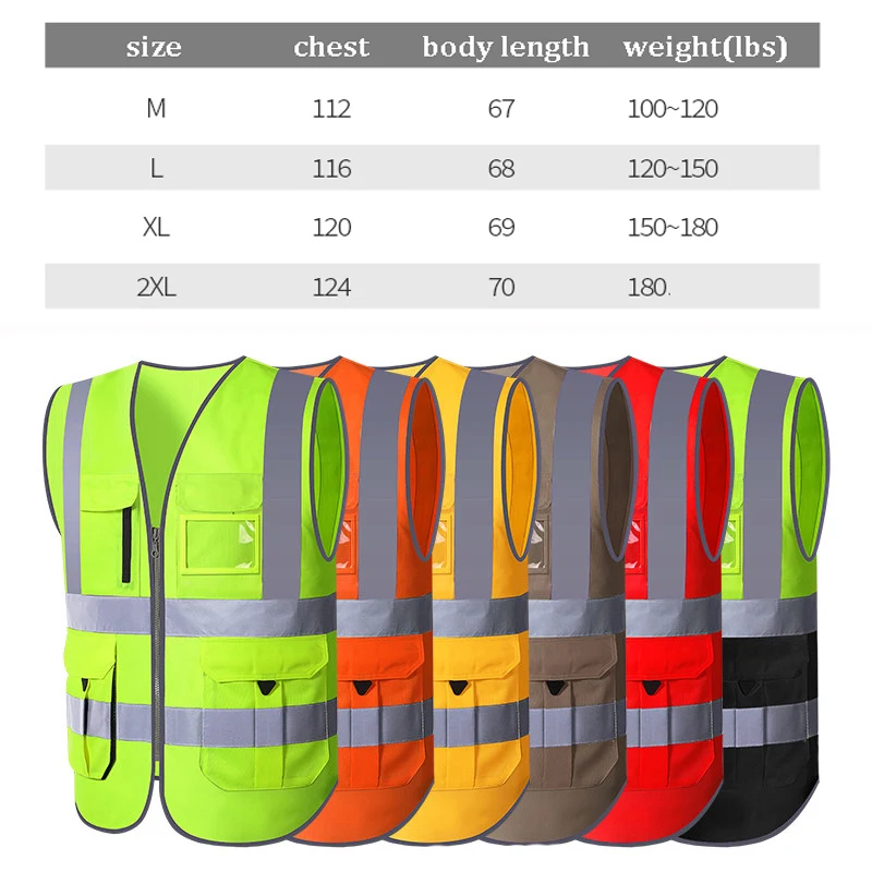 Orange Safety Vest Multi Pockets High Visibility Workwear Vest Zipper Front