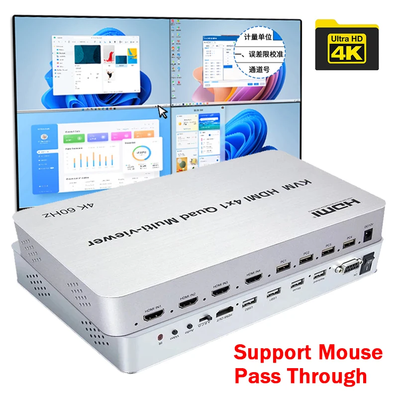 4K 60Hz KVM HDMI Multi-viewer 4x1 HDMI Quad KVM Multiviewer Seamless Real Time 4 in 1 out with Hotkey Support USB Keyboard Mouse