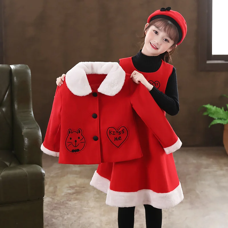 

Girls' woolen suit autumn and winter new children's princess skirt little girls' Korean version with wool collar and cotton clip