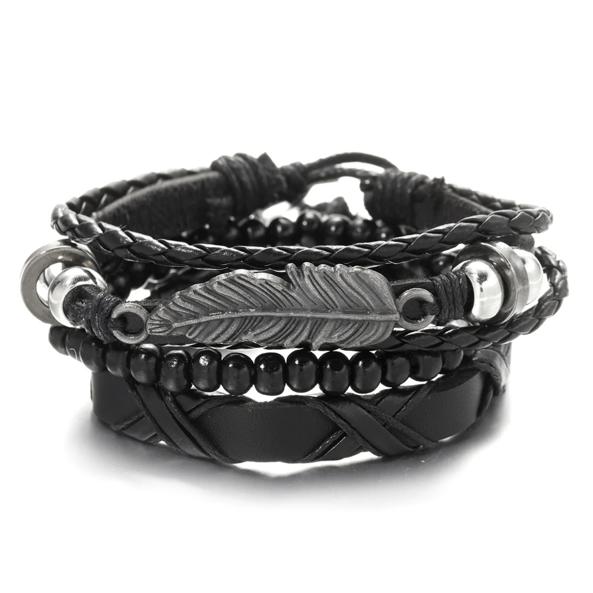 3 Teile/satz Trendy Vintage Feder Kreis Perlen Leder Seil Armbänder Für Männer Frauen Ethnische Punk Schwarz Holz Perlen Armreif Schmuck
