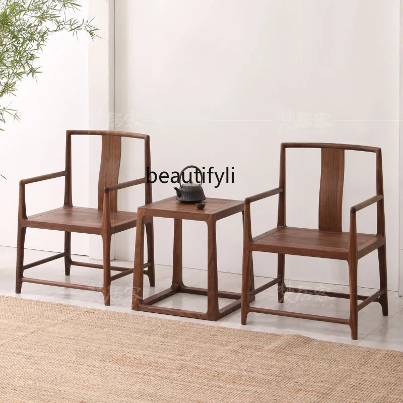 Three-Piece New Chinese Zen Solid Wood Chair Armchair Palace Chair Black Walnut Ash Wood round-Backed Armchair