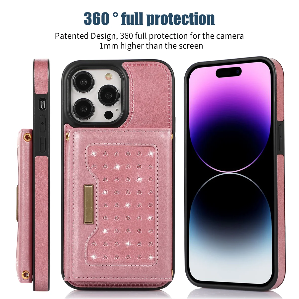 Glitter Leather Wallet Case for iPhone 14 15 16 Pro 16E XR XS 11 12 13 Pro Max 7 8 Plus SE RFID Blocking Card Holder Phone Cover