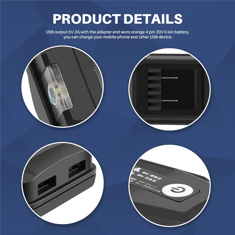 

AB47-Adapter Light Lamp Flashlight Torch USB Mobile Phone Charger For Worx Orange 4 Pin Socket 20V Li- Battery Power Bank