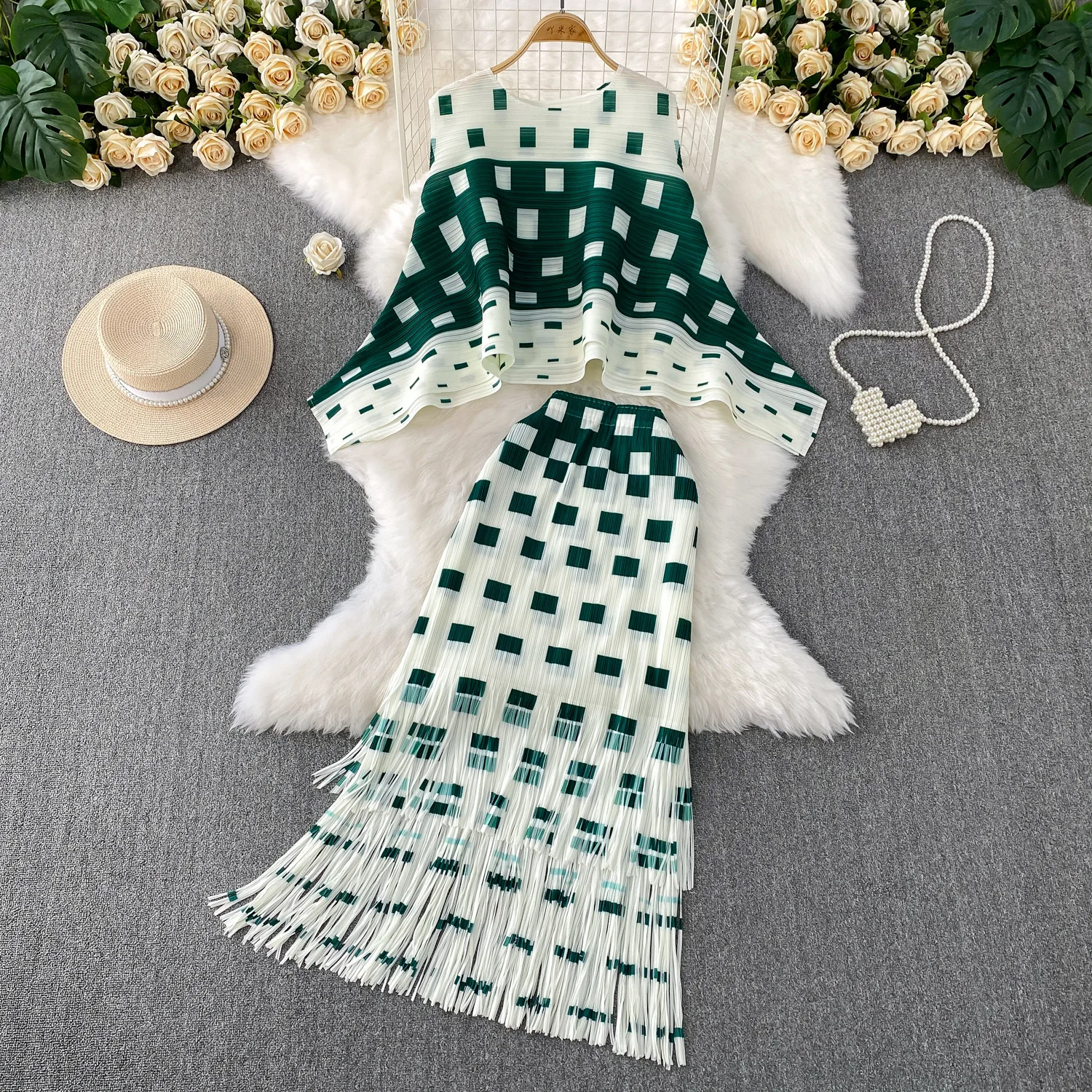 

Two Piece Sets Women Skirt Set Round Neck Sleeveless Print Tops Long Skirts Tassel A Line High Waist Y2k Streetwear Elegant