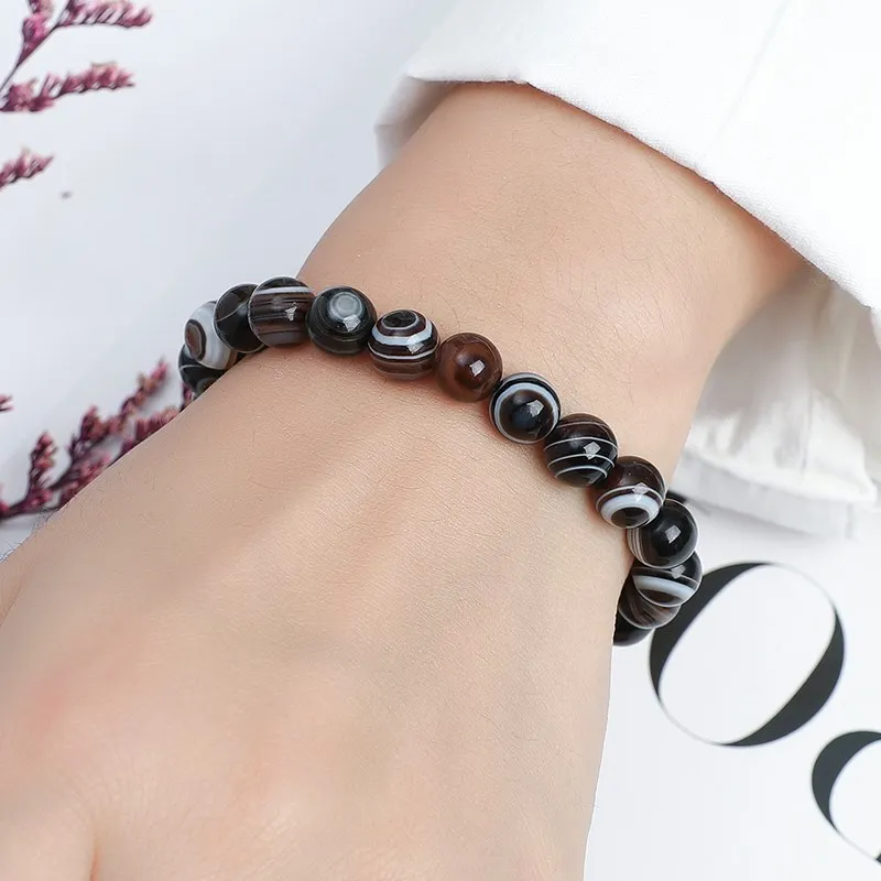 JD 7A Natural With Eyes Black Agate Bracelet  6 8 10 12 14MM Pick Size Jewelry Natural Black Stripe Agates Stone Beads Bracelet