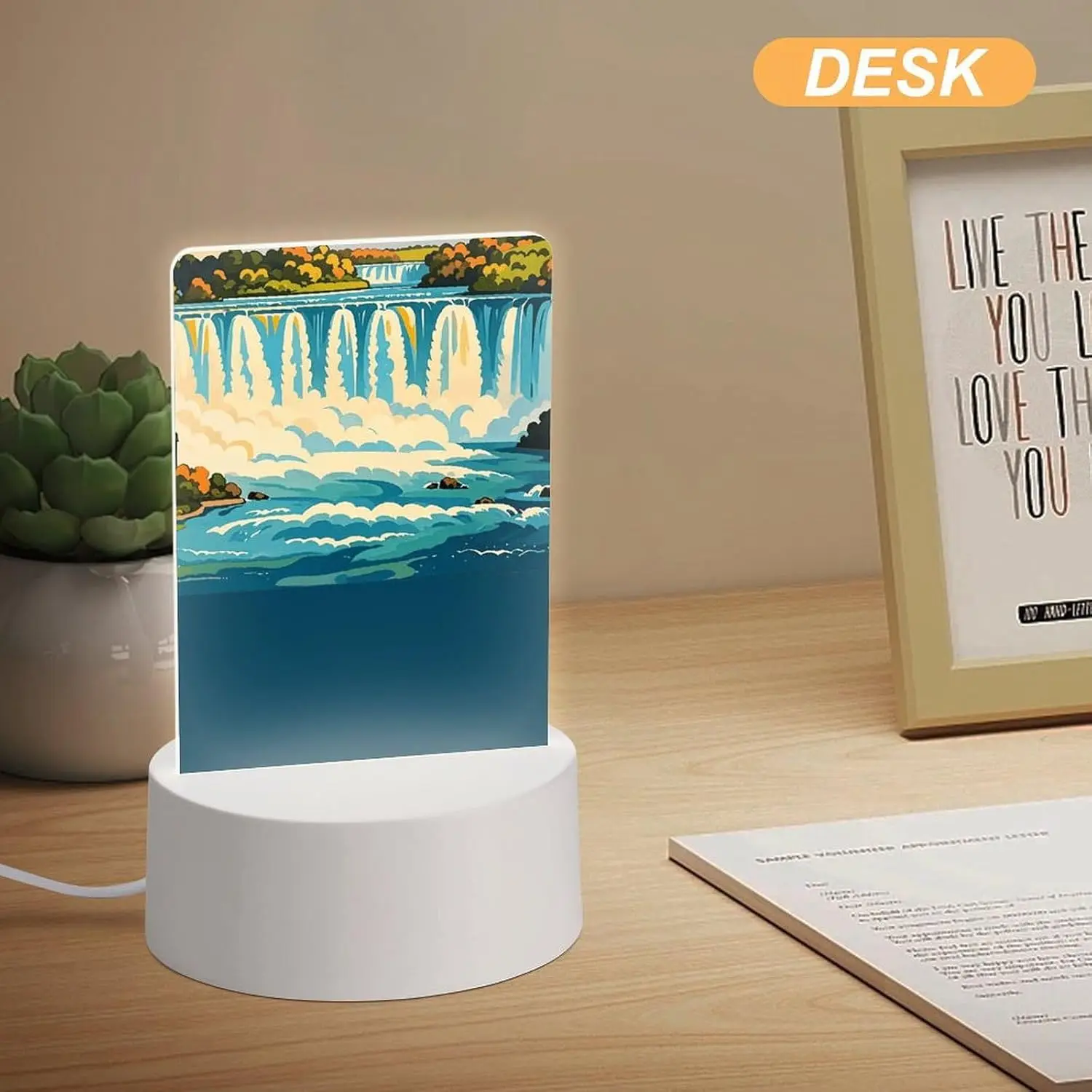 Night LED Light Lamp Base Niagara Fall Print Nightlight with Control USB Cable Acrylic Night Light in Warm White Nature 3 Modes Night Lamp for Hallway Bedroom Stairway