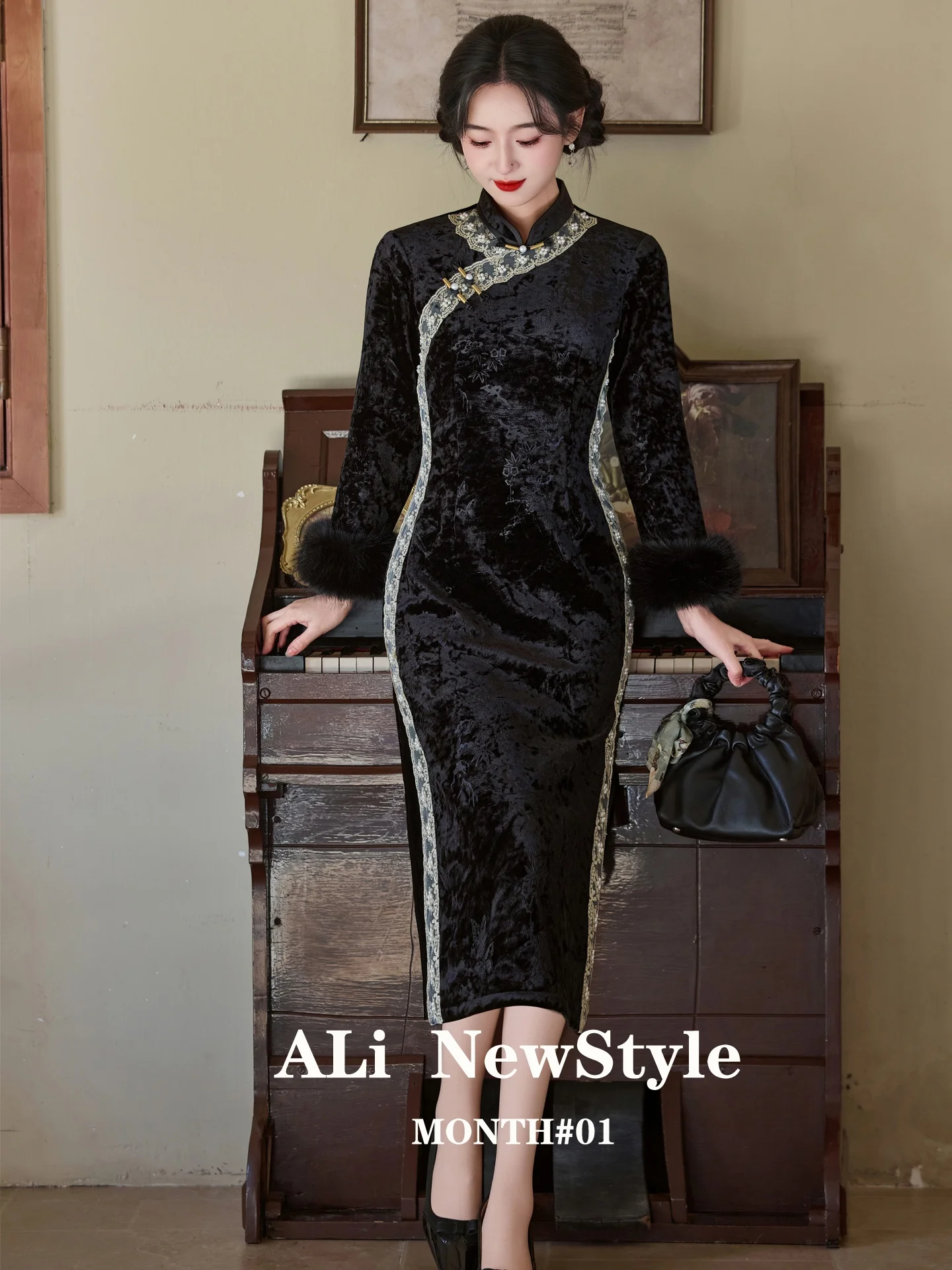 

Ele Bla Chinese Sle Young Women's Retro Dr Long Sve Warm Polyester Fiber Daily Wear Floral Pattern