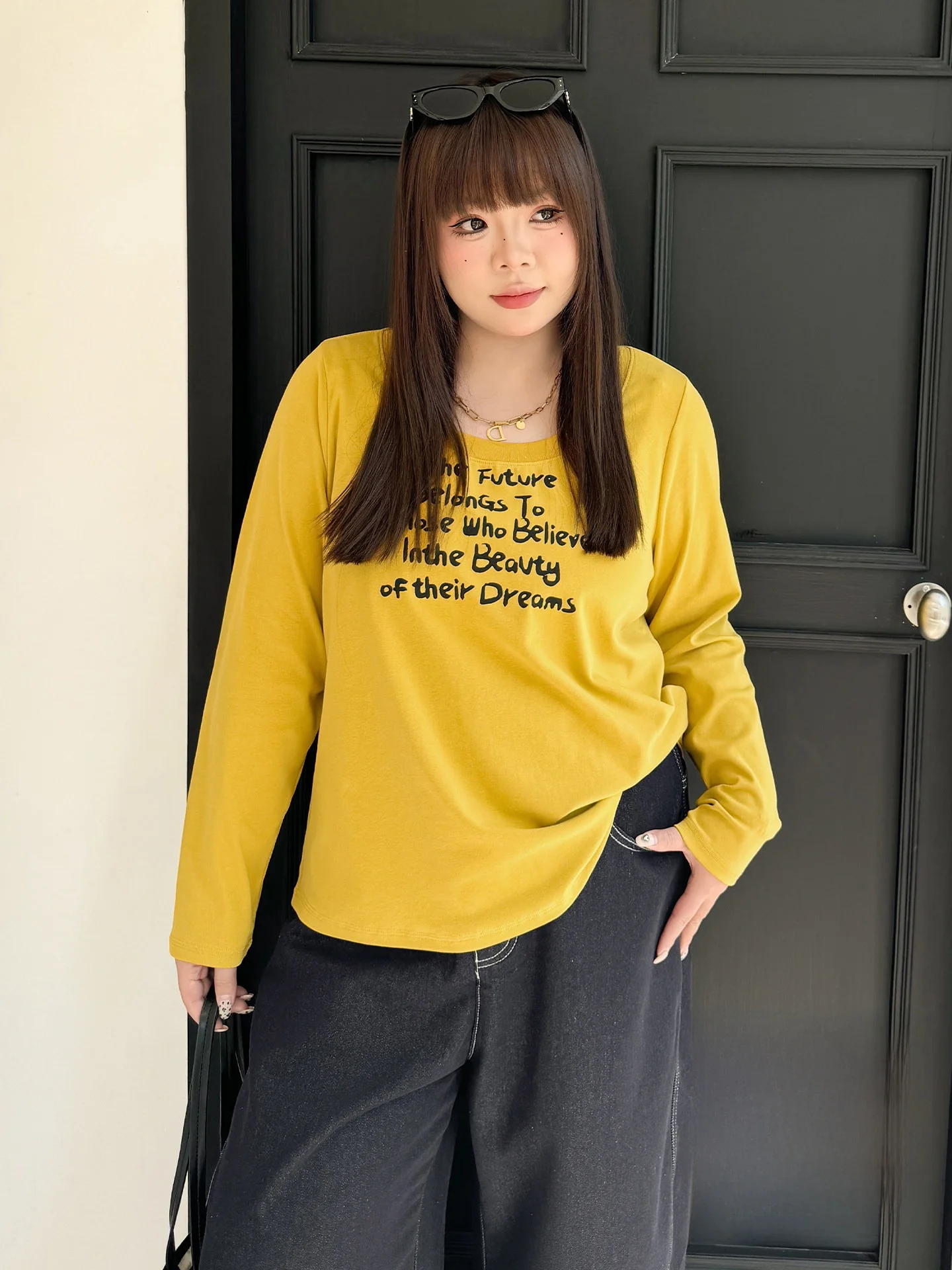 

Женская уличная футболка больших размеров с буквенным принтом, U-образным вырезом, длинным рукавом, повседневная, свободного кроя, весенняя мода для подростков