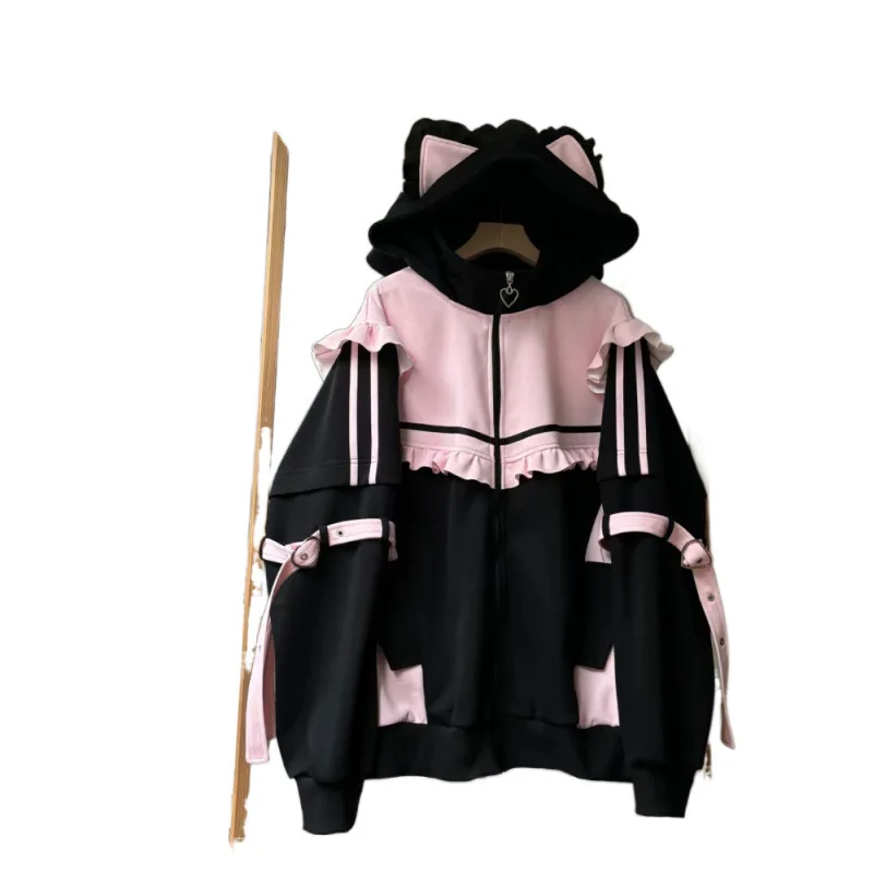 Japanese Kawaii Zip Up Hoodie Coats Y2k Hoodie for Women Autumn Winter Color Block Fake Two Pieces Thick Oversized Baggy Hoodie
