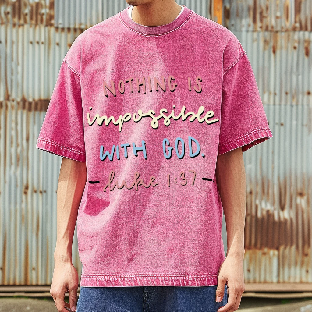 Nothing Is Imposible With God  Y2K Washed Short Sleeves T-Shirt, Creative Printed Unisex Oversized Vintage Streetwear Plus-Size 