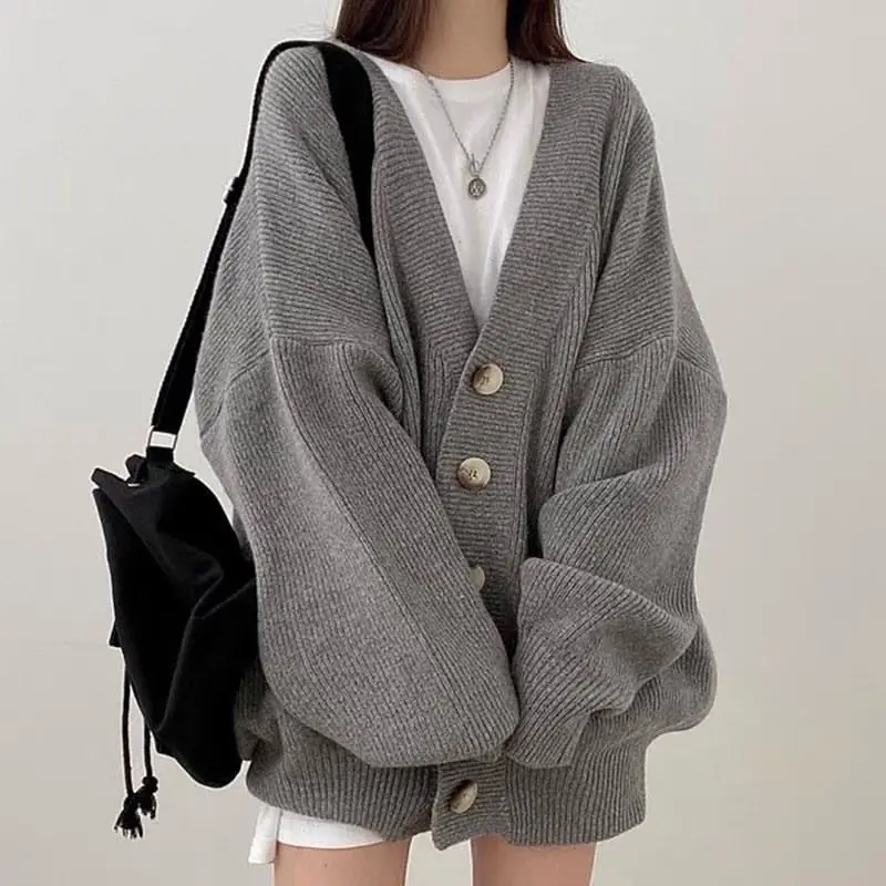 Knitted Cardigan Sweater Coat Buttoned V-Neck Lazy Style Women'S Loose Slim Versatile Top Autumn And Winter