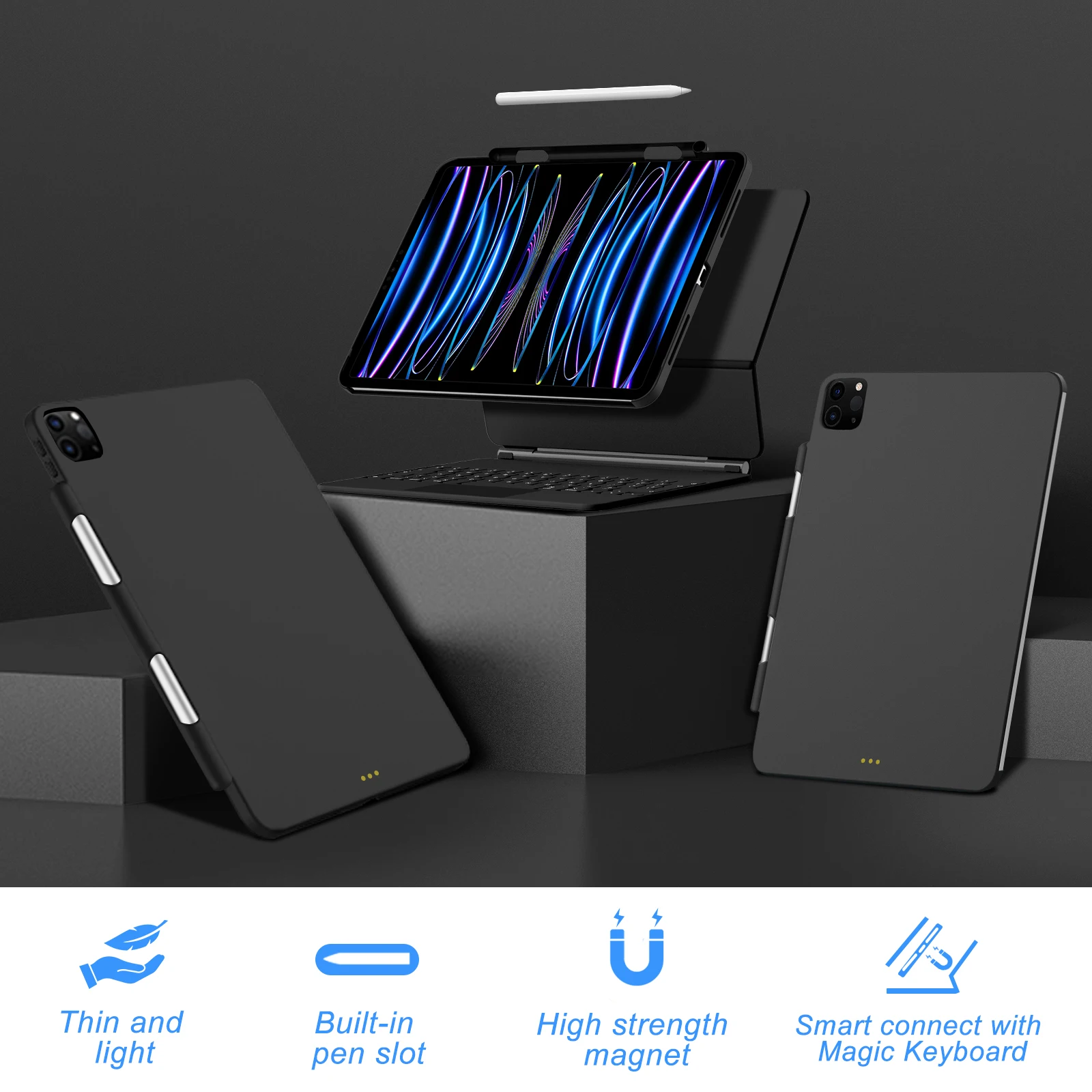 Custodia JKSML Per IPad Pro 12.9 (2022/2021/2020/2018) Con Portapenne E Supporto Angoli | Cover Auto Sleep/Wake | Blu Cielo - 3