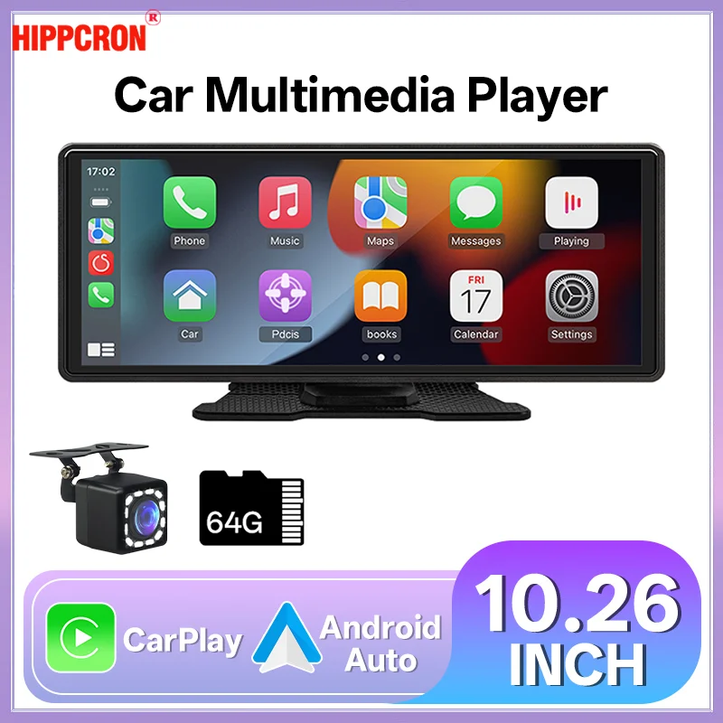 Hippcron 10.26'' Car Radio Screen Multimedia Video Player Wireless Carplay Android Auto Mirrorlink BT AUX TF USB Universal