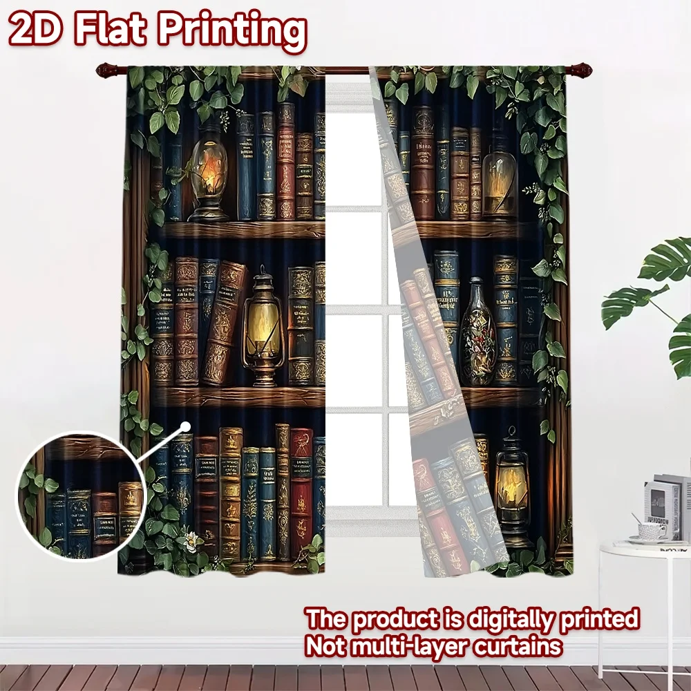 2D flat 2pcs Curtain Modern Minimalist Style Ivy Framed Bookcase Durable polyester fiber Family Party Decoration Use for All