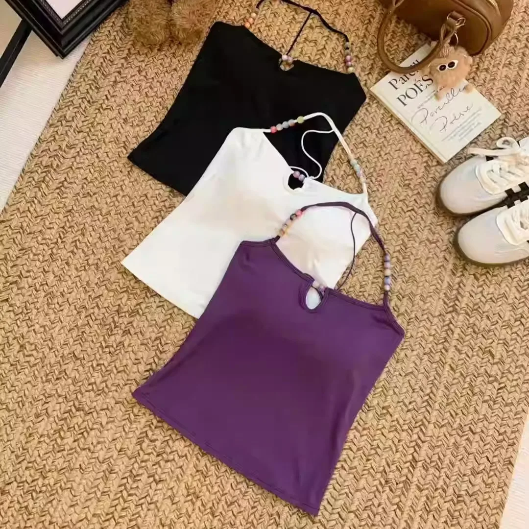 Summer New Sweet Sexy  Beads Strap Vest Women Slimming Fixed Belt Chest Pad Versatile Anti Aging  Cotton Blend