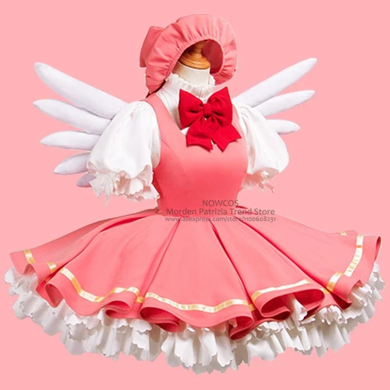 Women 3XL Cardcaptor Sakura Cosplay Deluxe Costume Pink Lolita Maid Dress Girls Kinomoto Sakura Cosplay Wing Japan Anime Costume