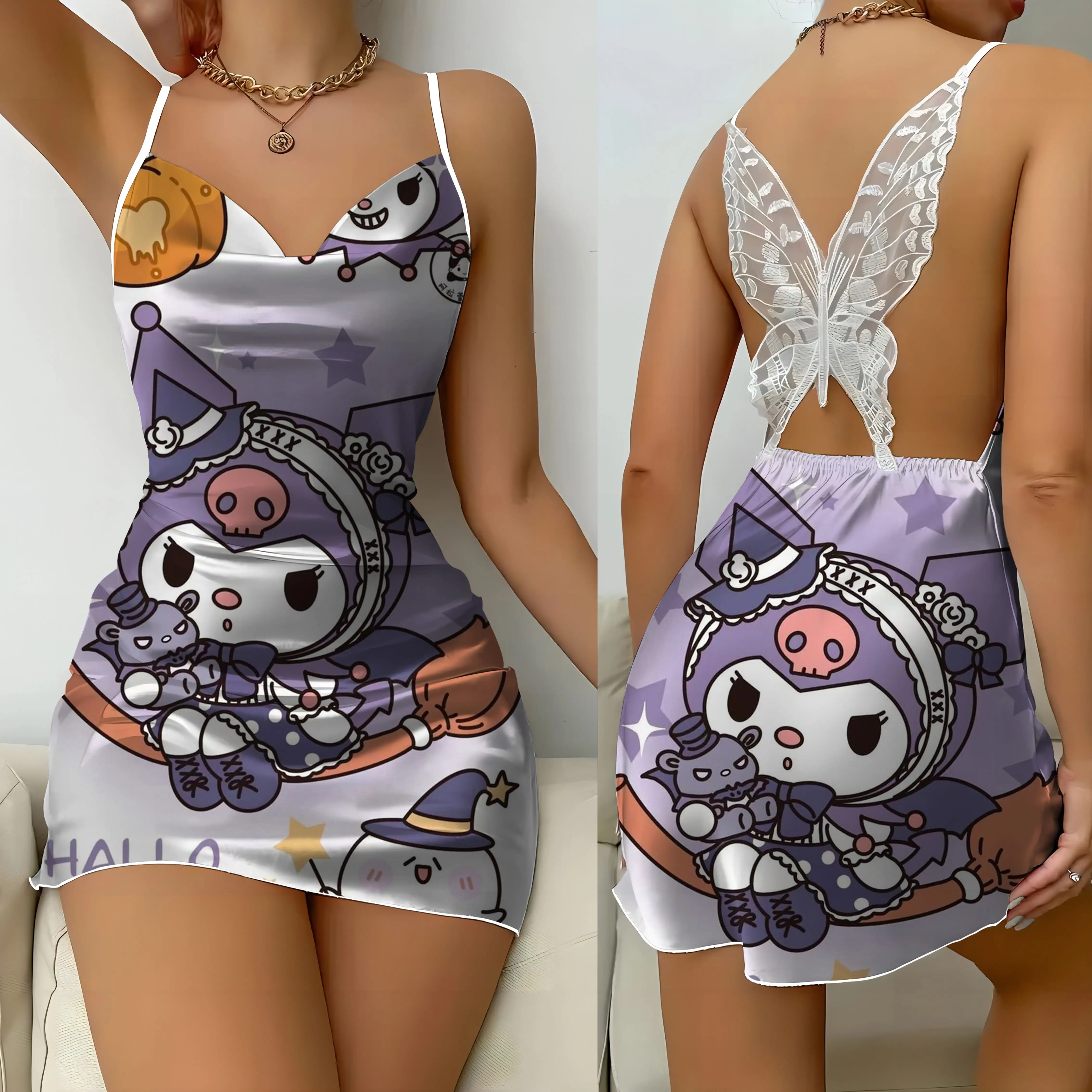 Rücken freies Kleid Sanrio Pyjama Rock Kuromi Satin Oberfläche Damen kleider Bogen Knoten Mode Sommer Party Frauen Mini sexy Spitze