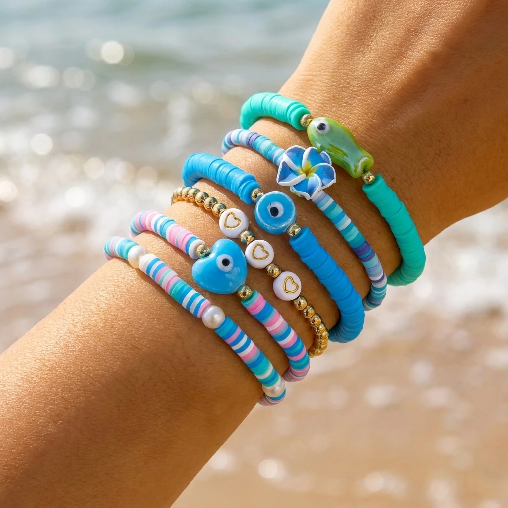 2 Pcs/Set Multicolor Polymer Clay Beads Bracelets for Women Bohemian Flower Charm Elastic Chain Set Summer Jewelry Vacation Gift