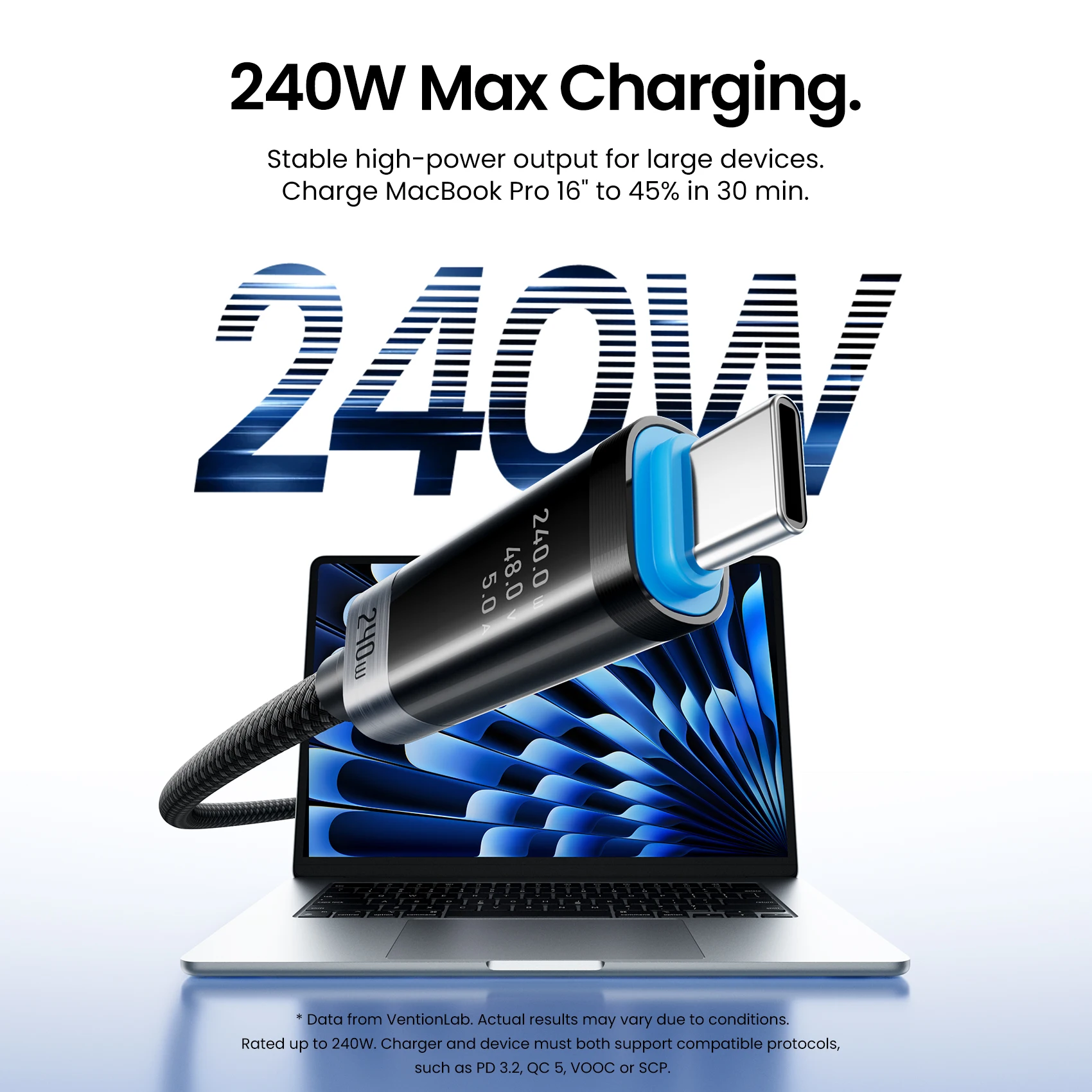 Kabel USB C Vention PD240W z wyświetlaczem cyfrowym, kabel typu C PD3.2 do iPhone 17, 16, Samsung S25, MacBooka, laptopa, szybkie ładowanie. — zdjęcie produktu 2