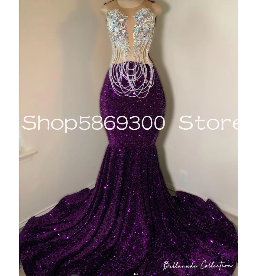 

Sparkly Long Mermaid Prom Formal Dresses Crystal Mirror Tassel Sequins Velvet Backless Purple Evening Gala Gown Customsized