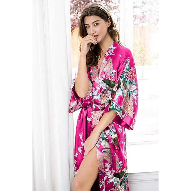حجم كبير 3XL زهرة كيمونو البشكير ثوب المرأة رداء طويل ثوب النوم طباعة الطاووس الساتان ملابس خاصة فستان المنزل فضفاض المتسكعون