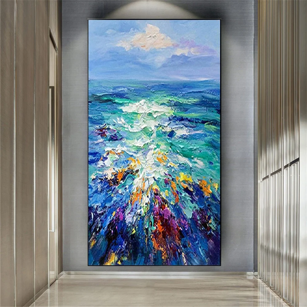 

Abstract Ocean Wall Art Picture Hand-Painted Coastline Oil Painting On Canvas Modern Knife Texture Mural For Home Decor Live Tri