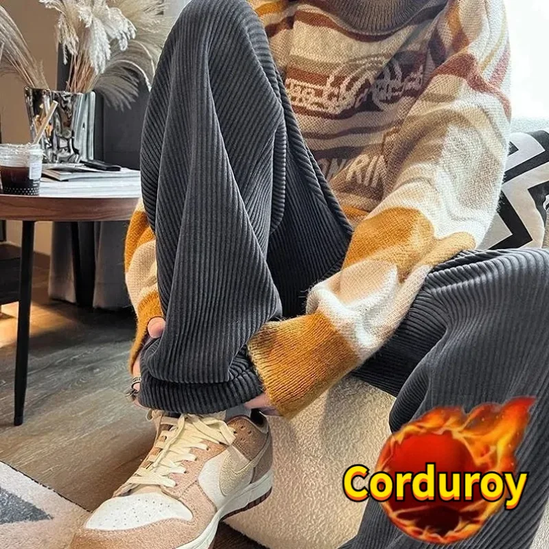 Thermal Pants Man Winter Warm Clothes Korean Style Corduroy Pants Wide Fleece Baggy Straight Plush and Thicken Trousers for Men