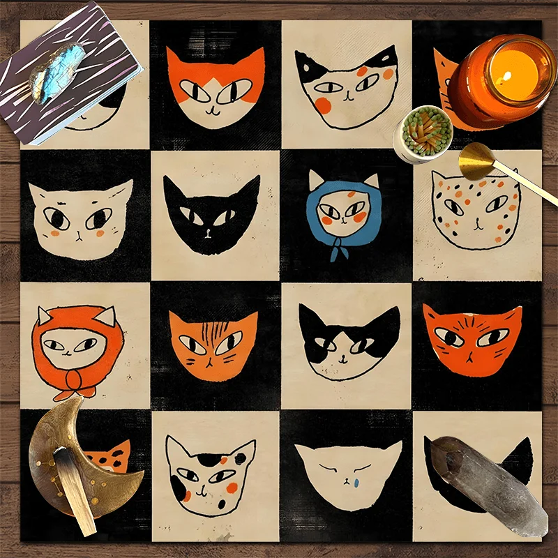 Cute Cat Face Grid Mat for Desk Playtime Kawaii Animal Themed Craft Table Runner