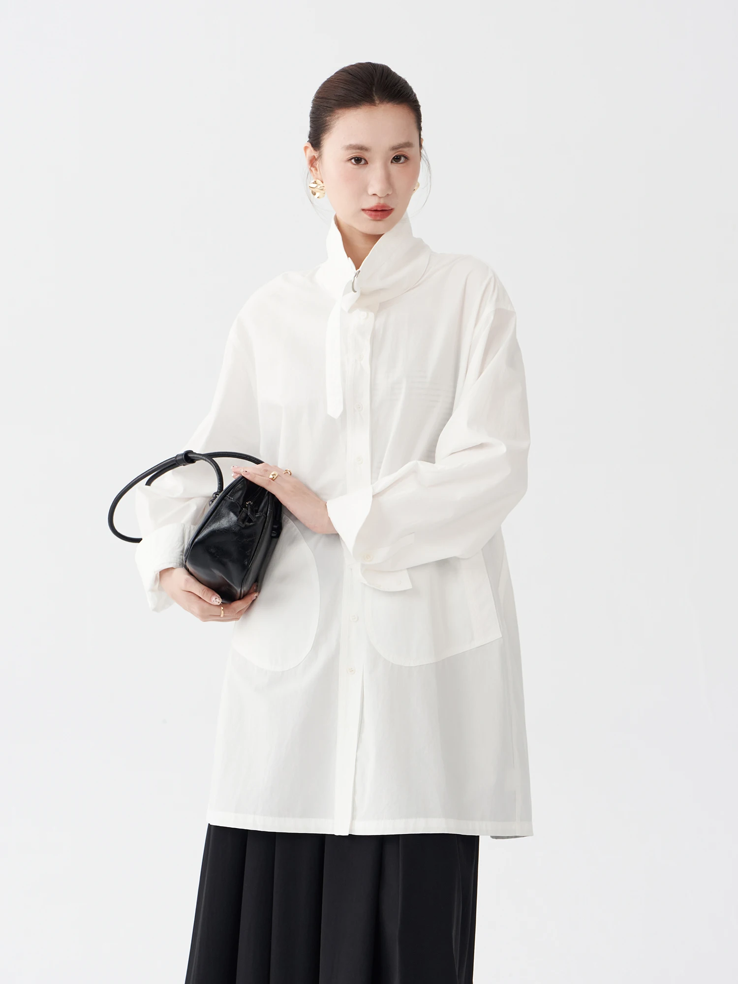 

Elegant Simple White Shirt Women's Midi Length Loose Long Sleeve Stand Collar Shirt Dress Autumn Design Sense Missing Bottom