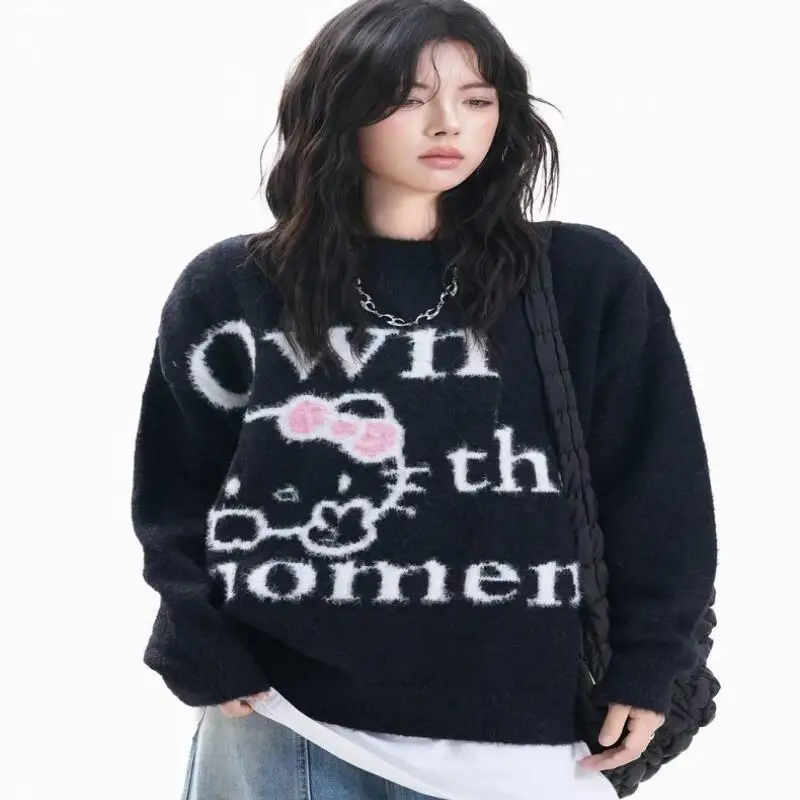 

Sanrio Hello Kitty свитер с круглым вырезом Kawaii аниме модный повседневный осенний пуловер вязаный свитер топ гостевой вид комплект из двух предметов