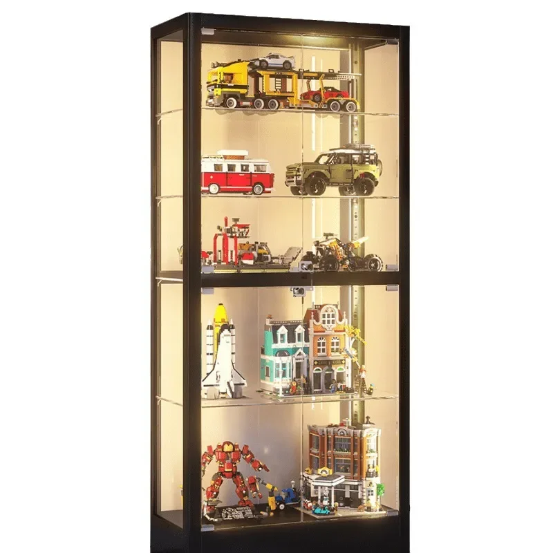 Transparent Glass Display Cabinet with LED Light Dustproof Storage Showcase for Toys Lego Figures Home Decor