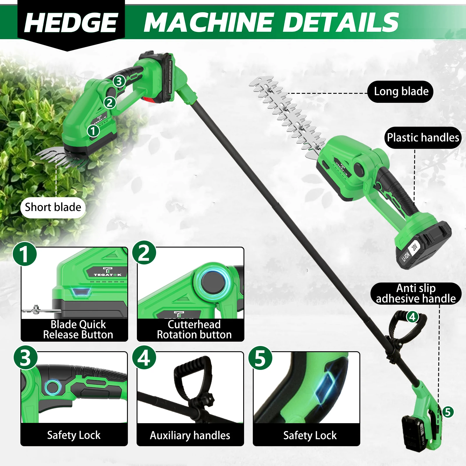 3-in-1 Multifunctional Electric Hedge Trimmer with Extendable Pole, 2 Rechargeable 20V 2000mAh Batteries, Gloves