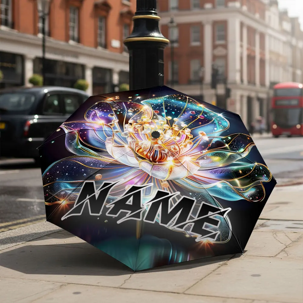 Custom Name Umbrella Glitter Cosmic Crystal Lotus Flower Sparkle Art Print Compact Folding Travel Parasol Magical Floral gifts
