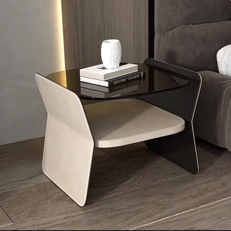 Saddle leather bedside table glass stainless steel creative hollow hanging