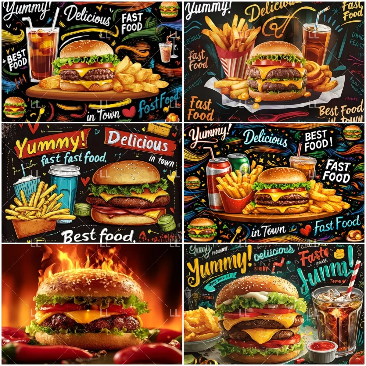 

Cartoon Fries Hamburger Backdrop Supplies French Quick Food Birthday Party Decor Baby Shower Photography Background Kid Gift