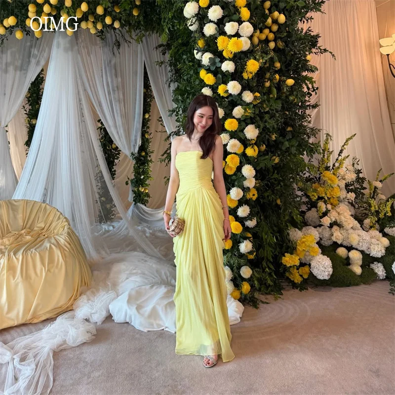 

OIMG Pastrol Yellow Strapless Mermaid Prom Gowns Chiffon Backless Pleated Party Gown Floor Length Evening Dress Customized