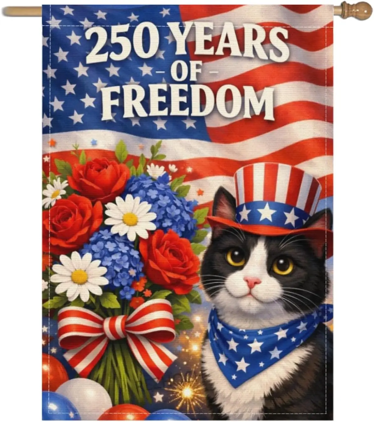 American 250th Anniversary Garden Flag 28x40 Inch,Patriotic Tuxedo Cat 250 Years of Freedom,Independence Day 4th of July Dec AAM