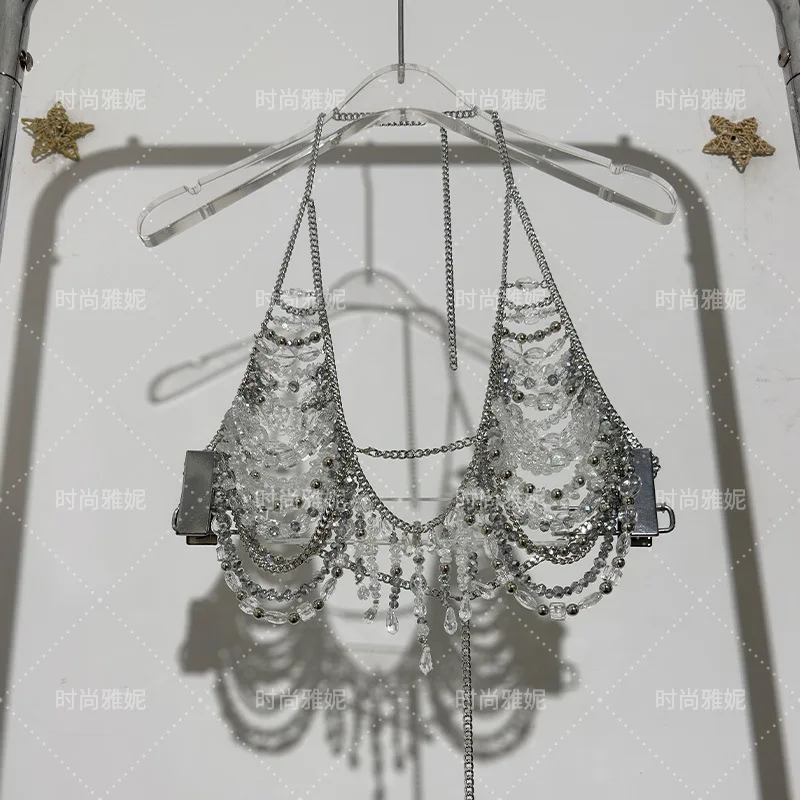 Sexy Handmade Hollowed Out Iron Chain Bars Beaded Suspenders Blouse Hanging Neck Backless Chest Decoration Shawl Body Chain